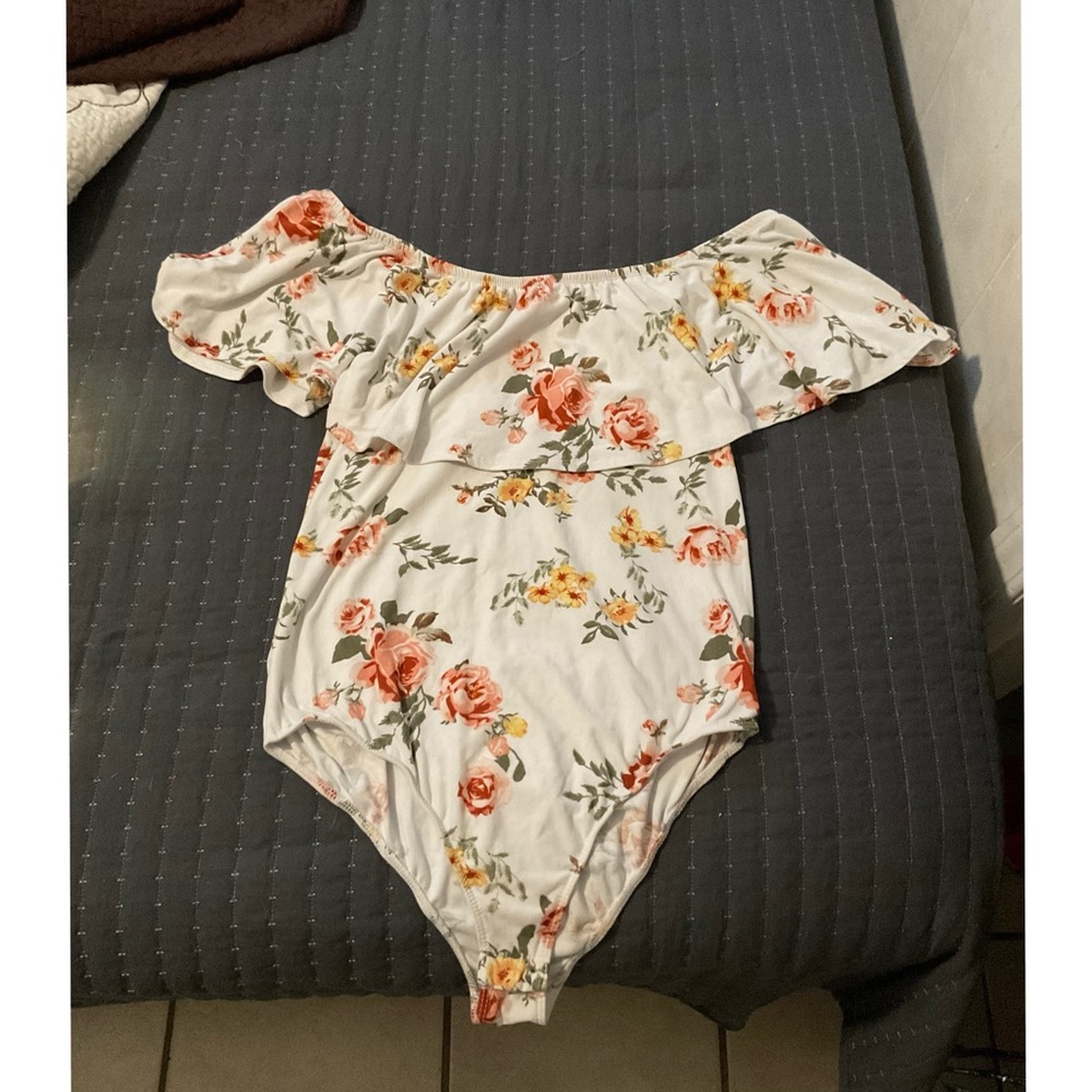 Stella tweed white floral off the shoulder bodysuit